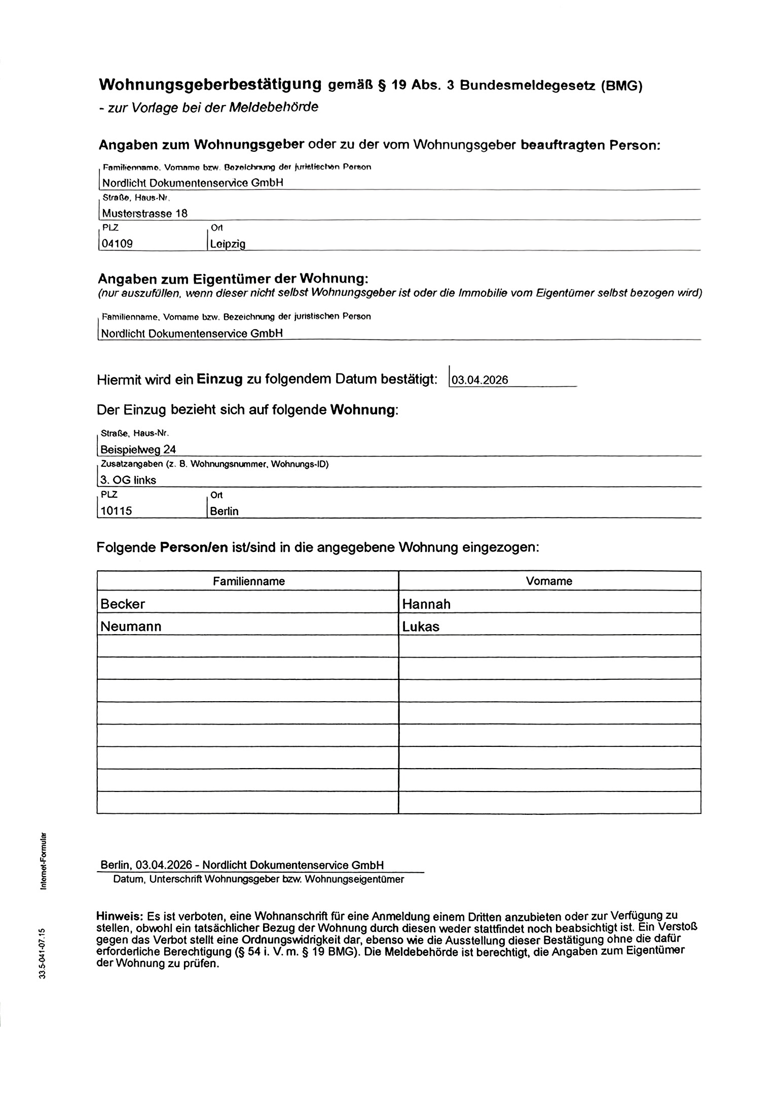 Clean scan version of the same address registration form